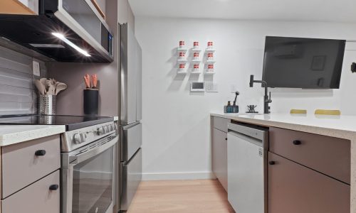 Compact kitchen with stainless steel appliances, wall-mounted shelves, and modern decor.