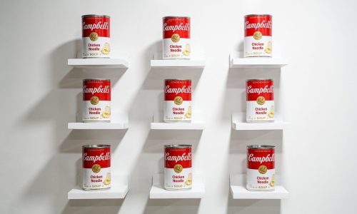 White shelves arranged in a grid pattern, each holding a Campbell's Chicken Noodle Soup can.