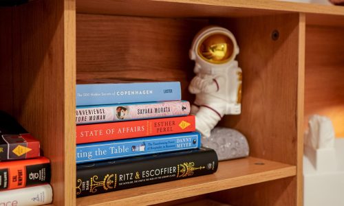Wooden bookshelf displaying stacked books and a white astronaut figurine.